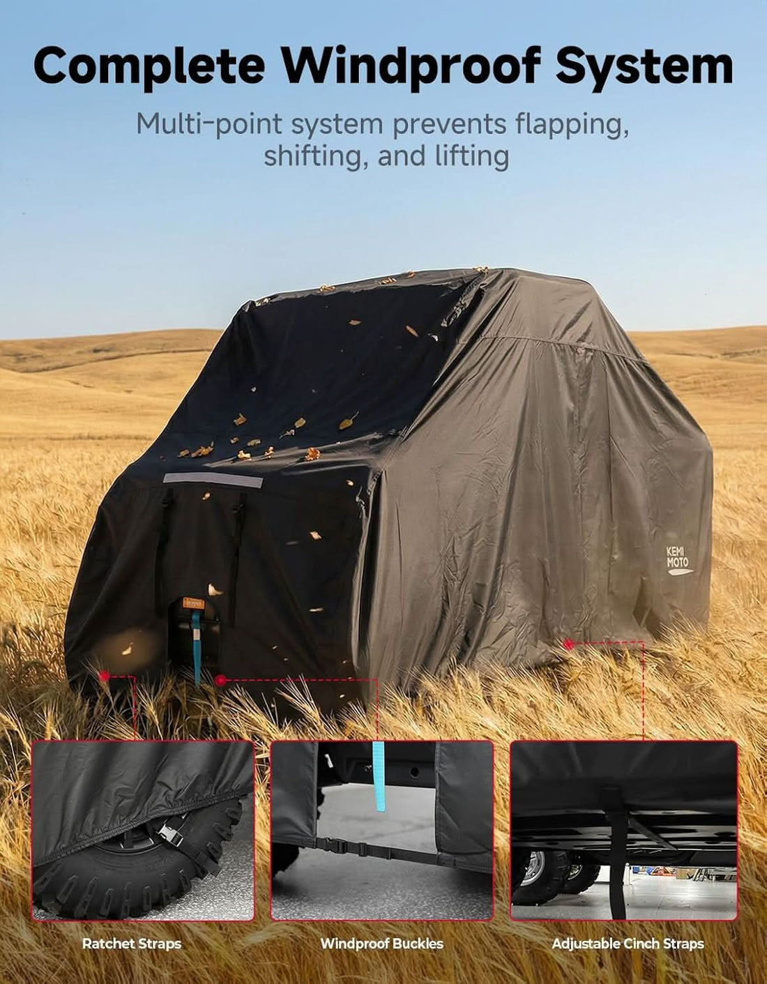 UTV 4-Seater Trailerable Cover for Can-Am Defender Maverick R Polaris RZR Ranger, 148" x 69" x 71" - view 5
