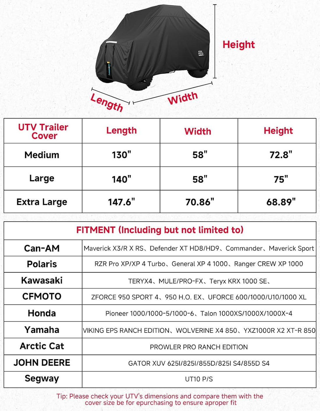UTV 4-Seater Trailerable Cover for Can-Am Defender Maverick R Polaris RZR Ranger, 148" x 69" x 71" - view 8