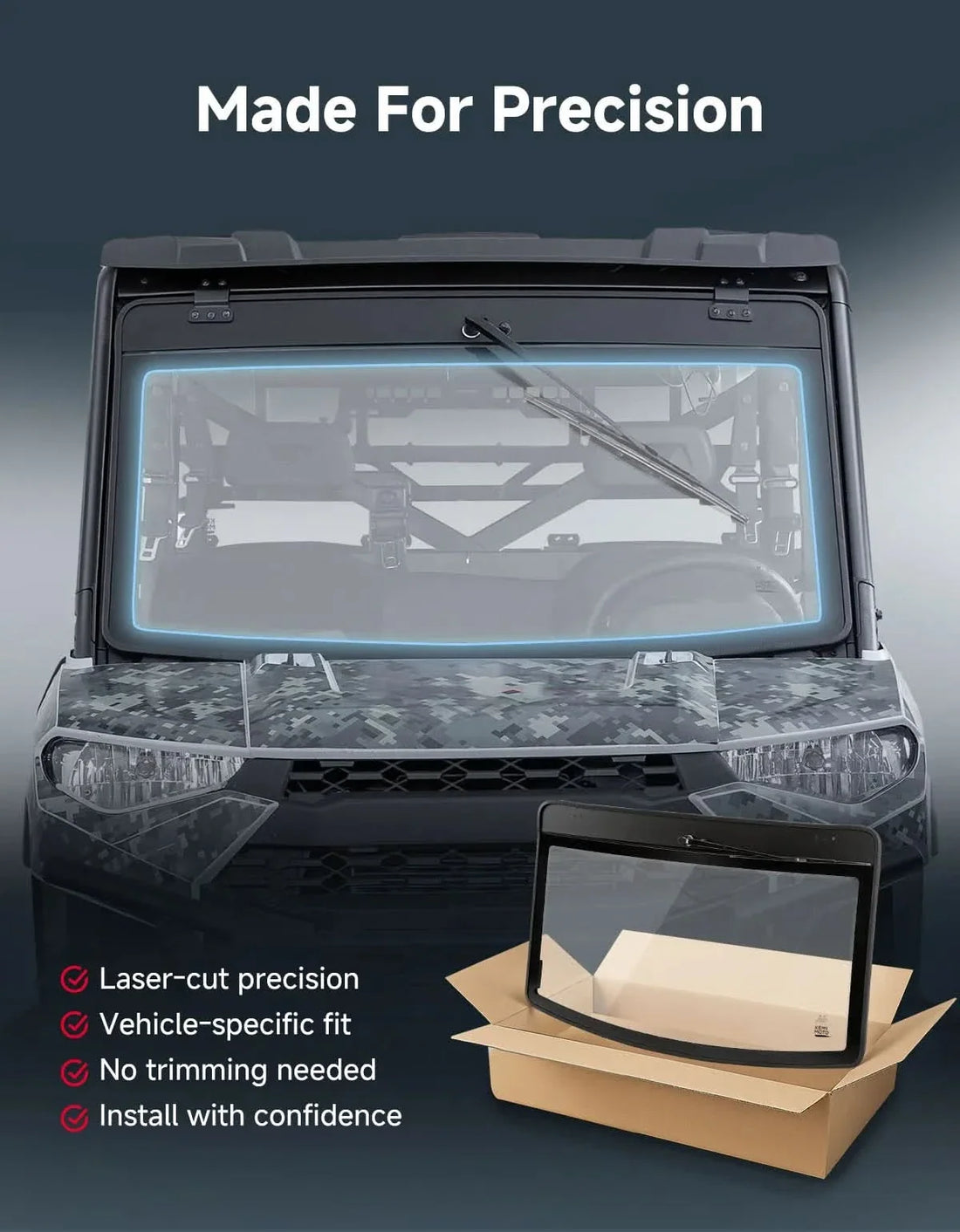 UTV 9 / 32" Glass Windshield with Trigger-Activated Electric Wiper for Polaris Ranger 1000 / XP 1000 / XP 900 & Crew 2013-2026 - view 6