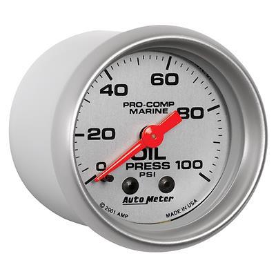 Auto Meter Marine Gauge, Pro-Comp Marine, Oil Pressure, 2 1/16 in., 0-100 psi, Full Sweep, Silver - 20079033