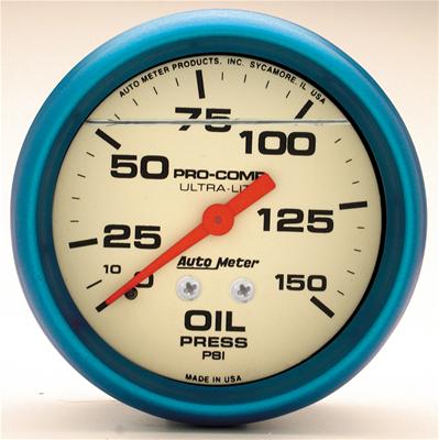 AutoMeter Gauge, Ultra-Nite, Analog, Oil Pressure, 0-150 psi, 2 5/8 in. Diameter, White Face - 4223